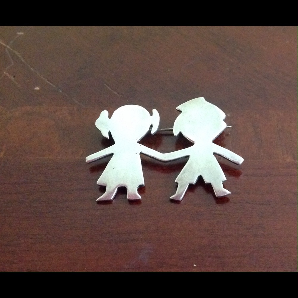 Vtg Girl Boy Silver Brooch Sterling Brooch Pin